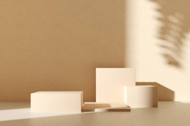 Duvardaki gölge - 3 boyutlu görüntüleme. Premium podyum, kaide, pastel ışık arka planında baz standı. Doğal çevre dostu kozmetik ürünleri için maket, spa ürünü. Meditasyon rahatlama spa posteri