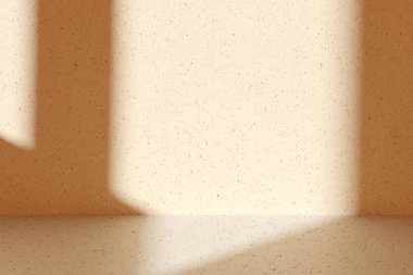 Duvarda gölgesi olan sert beton bir arka plan. 3 boyutlu canlandırma. Boş alan, ürün sunumu için yüzey. Güneş ışığından köşe açısı gölgesi.
