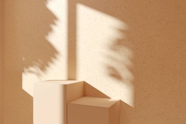 Premium podyum, kaide, pastel bej arka planda dur. Meditasyon rahatlama, spa terapisi ve sağlık. Tropik palmiye, engebeli duvarda gölgeler bırakır. Güneşli sıcak yaz günü. 3d resimleme