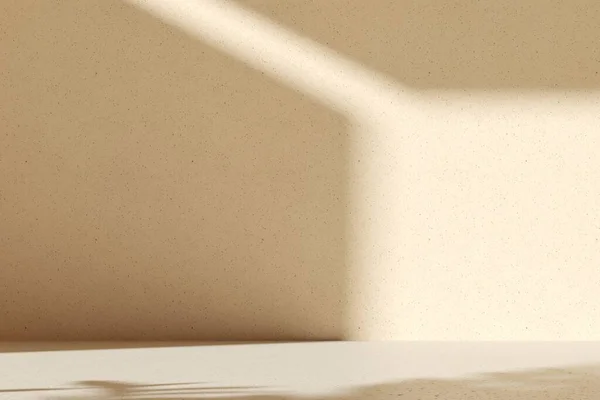 Duvarda gölgesi olan bej bir arka plan. Vitrin, Pastel Light arkaplanındaki reklam metni için boş alan. Promosyon primi organik eko ürün -3D canlandırma. Meditasyon rahatlama spa posteri