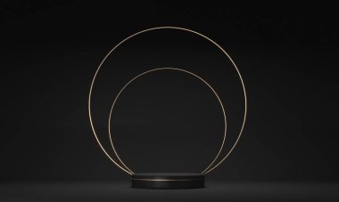 Kemer, yayalar ve altın çerçeveli dekor. Siyah arka plan. 3 boyutlu resimleme. Marka tanıtım ürünleri için podyum adımları. Reklam sunumu için yaratıcı bir arka plan. Temel modellemeyi uygula.