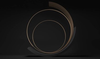 Koyu arkaplanda altın çerçeveler. 3 boyutlu resimleme. Model ürünleri için boş sınırlar. Hassas altın çerçeveler üzerine boşluk kopyala