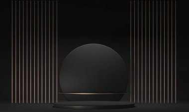 Dark Mtte Podyumu, kaidesi markalı ürünlerin sergisi, malları. Kopyalama alanı olan bir şablon. Altın parıltılı dekor tasarımı. Lüks pahalı stüdyo - 3D resimleme.