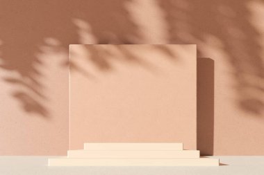 Duvardaki gölge - 3 boyutlu görüntüleme. Premium podyum, küp kaidesi, pastel ışıklı arka planda kutu tezgahı. Doğal çevre dostu kozmetik ürünleri, kaplıca ürünü..