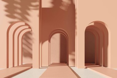 Duvarında gölgesi olan pembe bir arka plan. Ark, Showcase, pastel ışık arkaplanındaki reklam metni için boş alan. Promosyon primi organik eko ürün -3D canlandırma. Meditasyon rahatlama spa posteri