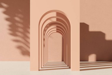Duvarında gölgesi olan pembe bir arka plan. Ark, Showcase, pastel ışık arkaplanındaki reklam metni için boş alan. Promosyon primi organik eko ürün -3D canlandırma. Meditasyon rahatlama spa posteri