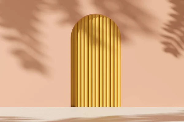 Duvarında gölgesi olan pembe bir arka plan. Ark, Showcase, pastel ışık arkaplanındaki reklam metni için boş alan. Promosyon primi organik eko ürün -3D canlandırma. Meditasyon rahatlama spa posteri