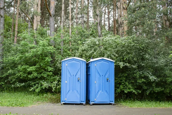 Eco-friendly bio toilets in nature, near the forest - photo. Women's and men's blue toilet at the festival