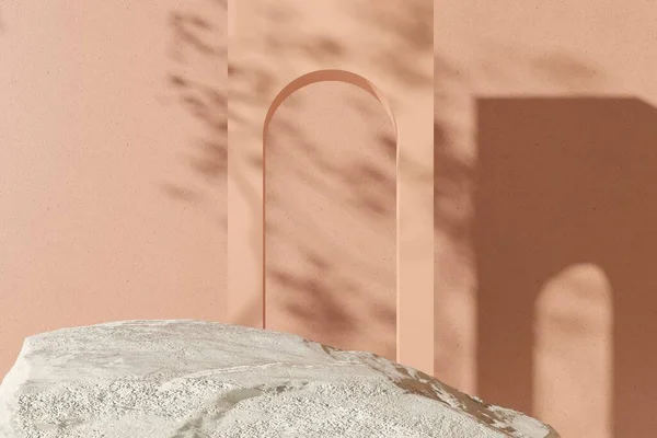 Duvarında gölgesi olan pembe bir arka plan. Ark, Showcase, pastel ışık arkaplanındaki reklam metni için boş alan. Promosyon primi organik eko ürün -3D canlandırma. Meditasyon rahatlama spa posteri