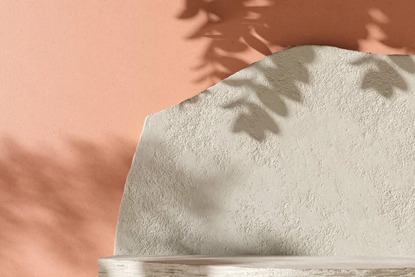 Shadow on the wall - 3D render. Premium stone podium, rock pedestal, box base stand on pastel light background. Mockup for natural eco friendly cosmetics, spa product.