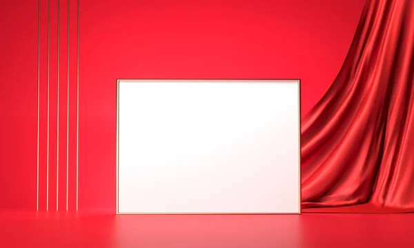 Blank Gold Frame Dark Red Background Elegant Silk Fabric Flow — Foto Stock