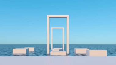 Atari salonu ve adımlar okyanus, deniz - cennet manzarası. Beyaz taş heykel. Podyum, model tasarım için kaide. Güneşli yaz reklam kompozisyonu. Model için boş alan. 3d resimleme