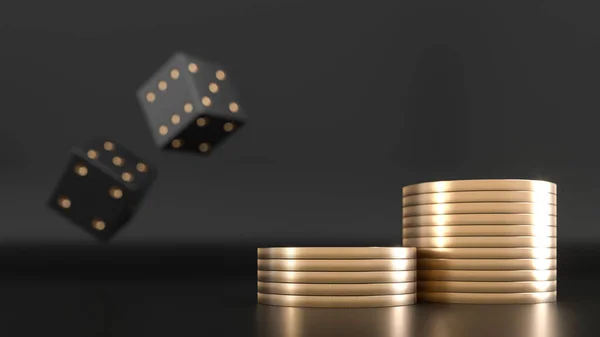 Casino Dobbelstenen Gouden Munten Zijn Tafel Illustratie Weergeven Rolling Goud — Stockfoto