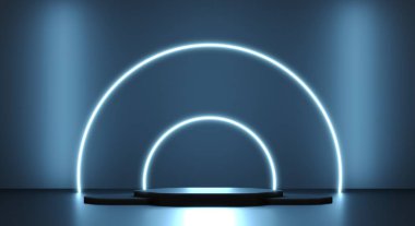 Karanlık arka planda podyum. Mavi Led Neon ışığı. 3 boyutlu resimleme. Boş Üs, yuvarlak kaide, boş alan ile ayakta durun. Akıllı telefon reklamı için teknolojik soyut arka plan, tablet.
