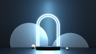 Karanlık arka planda podyum. Mavi Led Neon ışığı. 3 boyutlu resimleme. Boş Üs, yuvarlak kaide, boş alan ile ayakta durun. Akıllı telefon reklamı için teknolojik soyut arka plan, tablet.