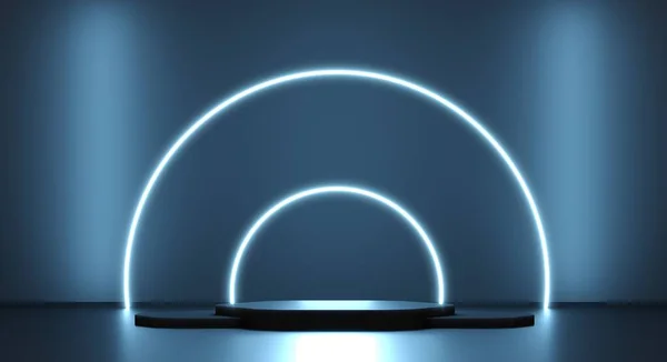 Podium Auf Dunklem Hintergrund Blauviolettes Led Neon Licht Darstellung Leerer — Stockfoto
