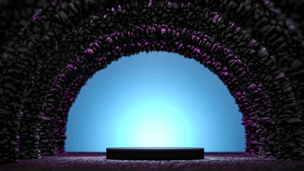 Podium Mörk Bakgrund Blå Violett Led Neon Ljus Återgivning Illustration — Stockfoto
