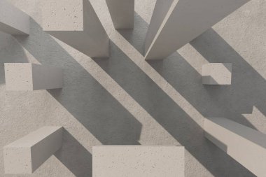 Beton podyum, kaide, beyaz arka planda dur. Meditasyon rahatlama, spa terapisi ve sağlık. 3D çizim. Taş desenli levha yapısı..