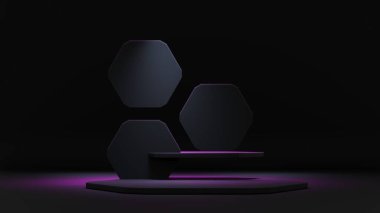 Altıgen tabanlı sergi podyumu. Platform, ürün kaidesi. 3 boyutlu resimleme. Mavi Led Neon ışığı. Akıllı telefon için teknolojik altyapı. Koyu arkaplanda parlayan neon pembe.