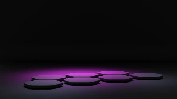 展览六边形基座 产品基座 3D渲染说明 蓝紫色的霓虹灯 智能手机的技术背景 暗色背景上的霓虹灯 — 图库照片