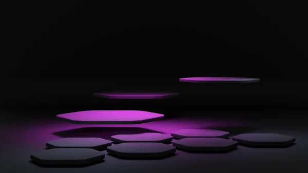 Altıgen tabanlı sergi podyumu. Platform, ürün kaidesi. 3 boyutlu resimleme. Mavi Led Neon ışığı. Akıllı telefon için teknolojik altyapı. Koyu arkaplanda parlayan neon pembe.
