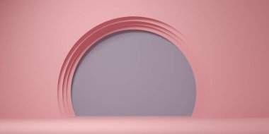 Mimari trend kompozisyonu. Silindirik geometrik kaide, podyum. Yumuşak pembe mor, pastel renkler. 3 boyutlu şık bir illüstrasyon. Marka mağazasında sergi podyumu