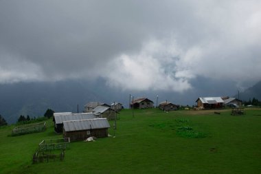 Aerial view of Badara Plateau and its traditional houses. Landscape photo was taken in summer. Nature view and homes on the plateau.