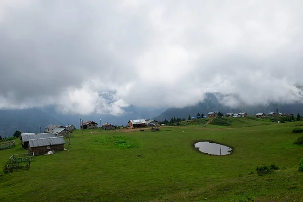 Aerial view of Badara Plateau and its traditional houses. Landscape photo was taken in summer. Pond and wonderful nature view on the plateau