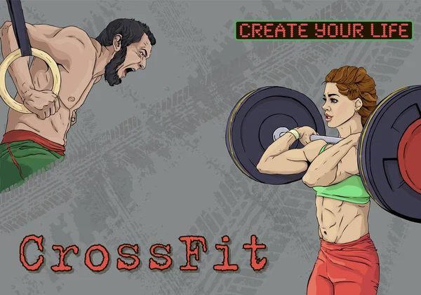 CrossFit man vrouw jonge mensen sport opleiding Gewichtheffen barbell ringen atletische grunge — Stockvector