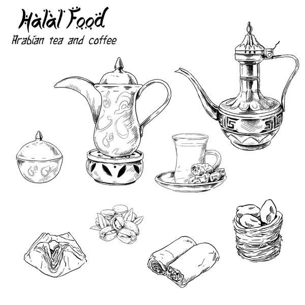 Arabische halal voedsel set thee koffie taart — Stockvector