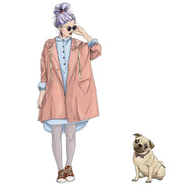 pug köpek moda arkadaşlarım ile genç hippi kız beyaz arka plan