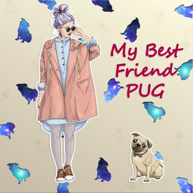 pug köpek moda arkadaşlarım ile genç hippi kız köpek yavrusu arka plan boşluk