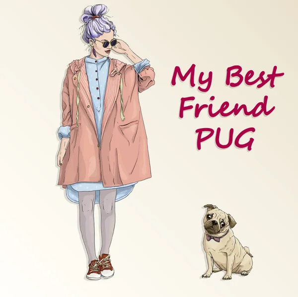 Joven hipster chica con pug perro moda mejores amigos Ilustraciones De Stock Sin Royalties Gratis