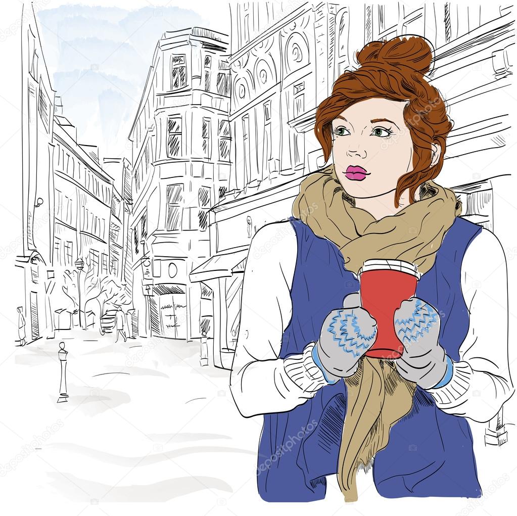 winter girl in city with cup