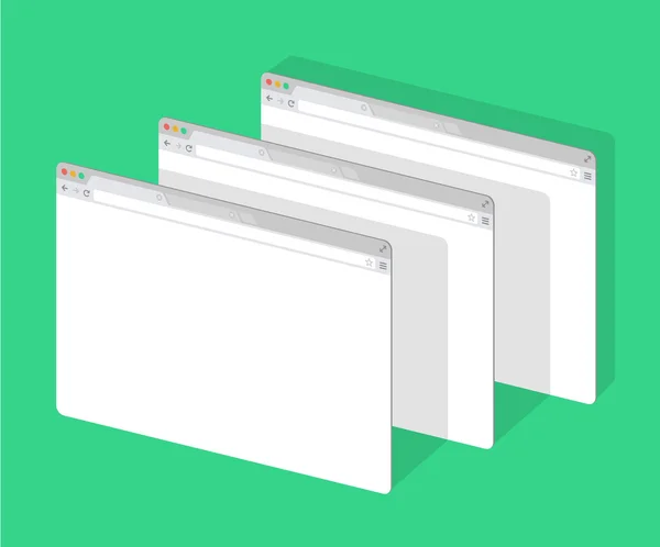 3 einfache Web-Browserfenster weiß, grüner Hintergrund, flach, Perspektive — Stockvektor
