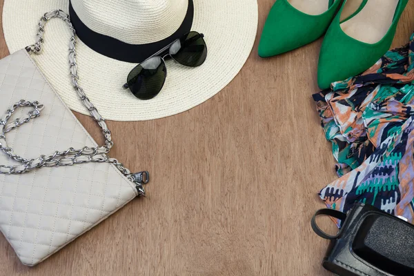 Woman's summer essential accessories, overhead shoot