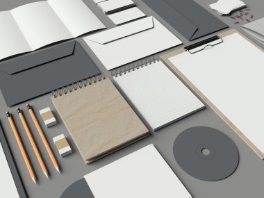 Klasik öğeleri gri masaya kadar alay. 3D render