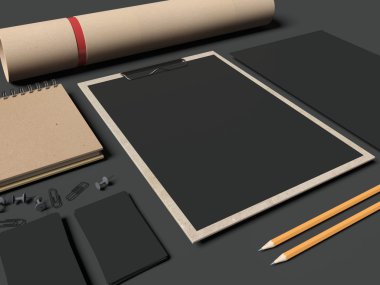 Siyah arka plan üzerine mockup öğeleri kümesi. 3D render