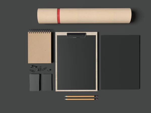 Siyah arka plan üzerine mockup öğeleri kümesi. 3D render