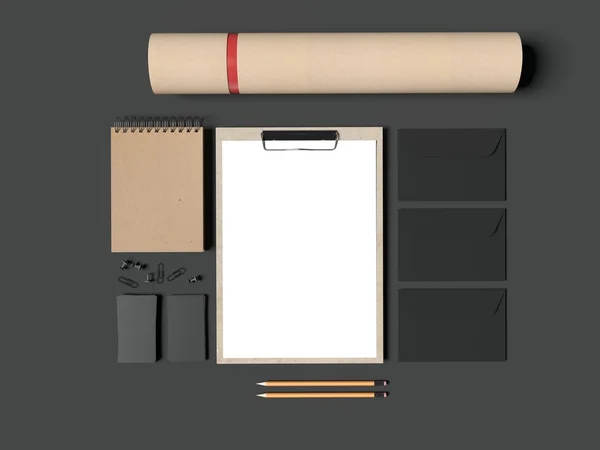 Siyah arka plan üzerine mockup öğeleri kümesi. 3D render