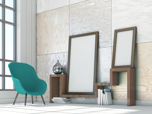 poster çerçeveleri koltuk ile iç arka plan dalga. 3D çizim