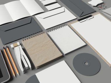 Arka planda mockup öğeleri kümesi. 3D render