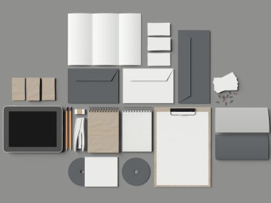 Arka planda mockup öğeleri kümesi. 3D render