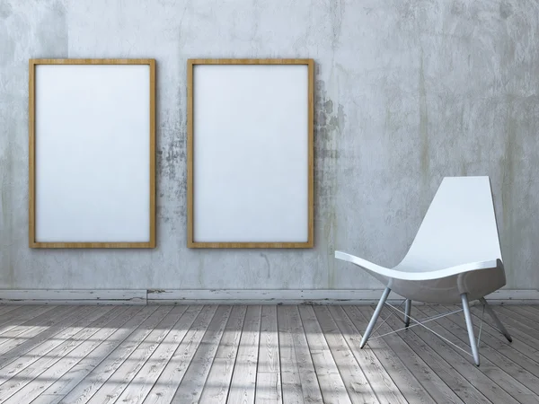 poster çerçeveleri sandalye ile iç arka plan dalga. 3D çizim