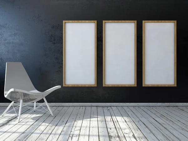 poster çerçeveleri sandalye ile iç arka plan dalga. 3D çizim