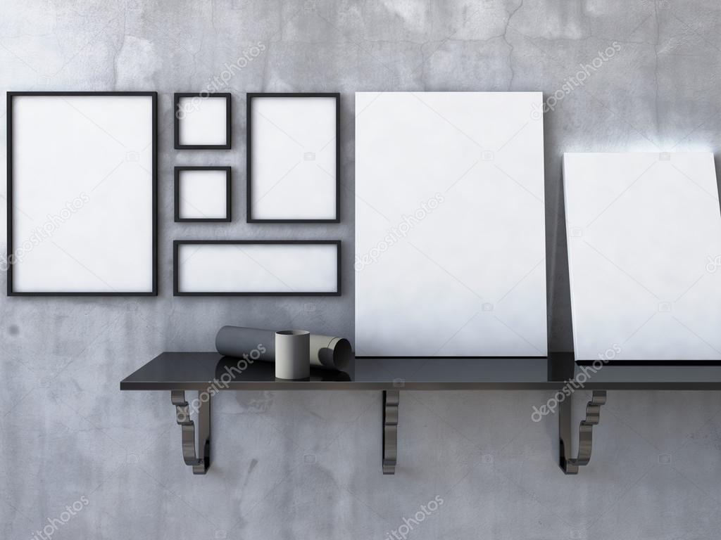 Seven white posters on a black reflect console with tubus. 3d render