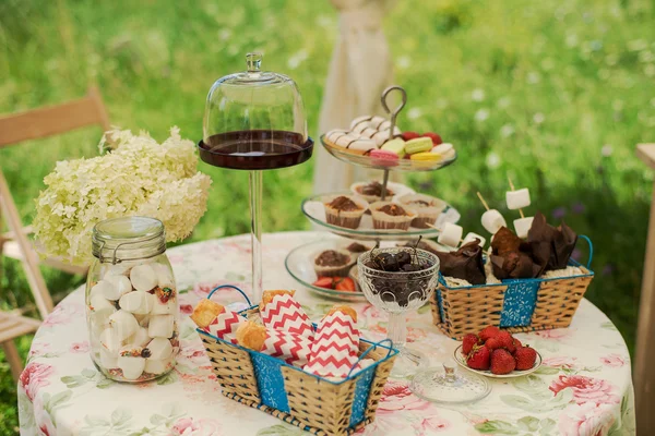 Dezert tabulky pro stranu. Čokoládový dort, koláčky, sladkosti, makaróny, marshmallows, zephyr a květiny. — Stock fotografie