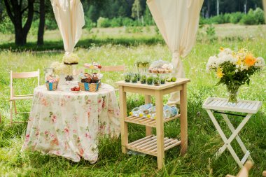 Tatlı tablo bir parti için. Çikolatalı kek, Top kek, tatlılık, bademli kurabiye, şekerleme, zephyr ve çiçekler.