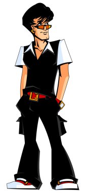 Trendy beyaz adam siyah pantolon, yelek ve kırmızı spor ayakkabılar.