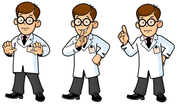 Dokter, ingenieur, wetenschapper of laboratorium. Bewegingen en emoties. Aantal Mascottes. — Stockvector